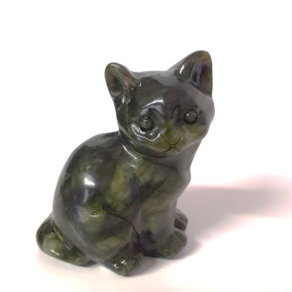 Katze Edelstein-Tier, Katzen-Figur sitzend aus Kanadischer Jade Stein, ca. 6 cm