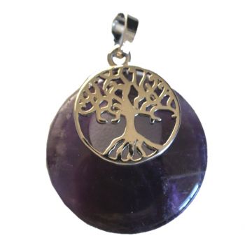 Anhänger Amethyst Scheibe mit Lebensbaum Halter | Kettenanhänger | violetter Kristall Edelstein für Halskette | Reiki Amulette Kreis Schmuckanhänger