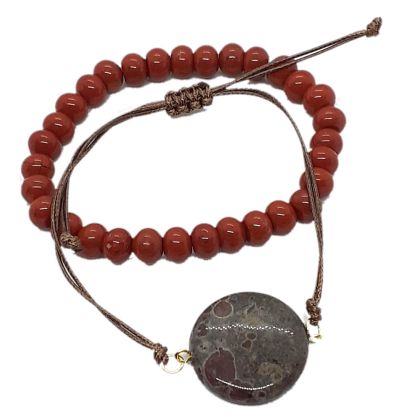 Jaspis Armband Set, rote Jaspis Linsen auf Strechband, Jaspis Scheibe mit Schmuckband, 2 Armbänder