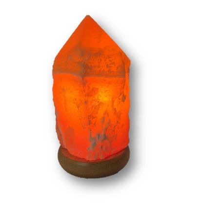 Orangencalcit Stein Lampe mit polierter Spitze, Edelsteinlampe gelb-oranger Naturstein, Edelstein-Leuchte mit Holzsockel