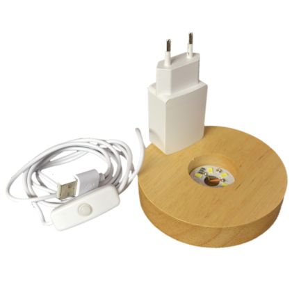 LED Leuchtsockel, warmes Licht, Holz Leucht Sockel mit 6 LED`s, ca 8 cm Durchmesser, zum beleuchten ihrer Dekoartikel, USB Stecker und mit Netzteil für die Steckdose