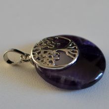 Anhänger Amethyst Scheibe mit Lebensbaum Halter | Kettenanhänger | violetter Kristall Edelstein für Halskette | Reiki Amulette Kreis Schmuckanhänger