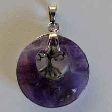 Anhänger Amethyst Scheibe mit Lebensbaum Halter | Kettenanhänger | violetter Kristall Edelstein für Halskette | Reiki Amulette Kreis Schmuckanhänger