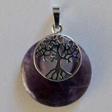 Anhänger Amethyst Scheibe mit Lebensbaum Halter | Kettenanhänger | violetter Kristall Edelstein für Halskette | Reiki Amulette Kreis Schmuckanhänger