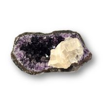 Amethyst Drusenkopf mit Calcit, echtes natürliches Edelstein Mineral, Geode, Dekostein N182