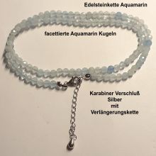 Aquamarin Halskette, Edelstein Halsschmuck, Silber Verschluss mit Verlängerung