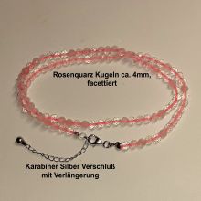 Rosenquarz Halsschmuck, Steinschmuck Kette facettierte Kugel, Silber Verschluss