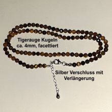 Steinkette mit facettierten Kugel aus Tigerauge goldbraun, Silber Verschluss mit Verlängerung