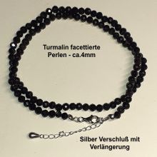 Turmalin schwarz-Steinkette mit facettierten Kugeln, Silber Verschluss mit Verlängerung