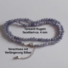 Tansanit Edelsteinperlen Kette, Steinkette, Perlenkette mit facettierten Kugeln, Silber Verschluss