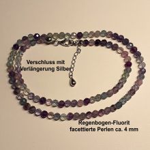 Regenbogen-Fluorit Halsschmuck, Steinschmuck Kette facettierte Kugel, Silber Verschluss