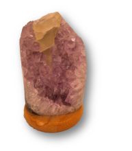 Amethyst Lampe poliert, Edelsteinlampe mit Holzsockel, Kristall Stein Leuchte mit Calcit,N205