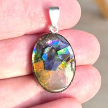 Ammolit traumhafter Kettenanhänger, oval mit Silber Schlaufen Öse, Ammolite Anhänger bunt schimmernd N265